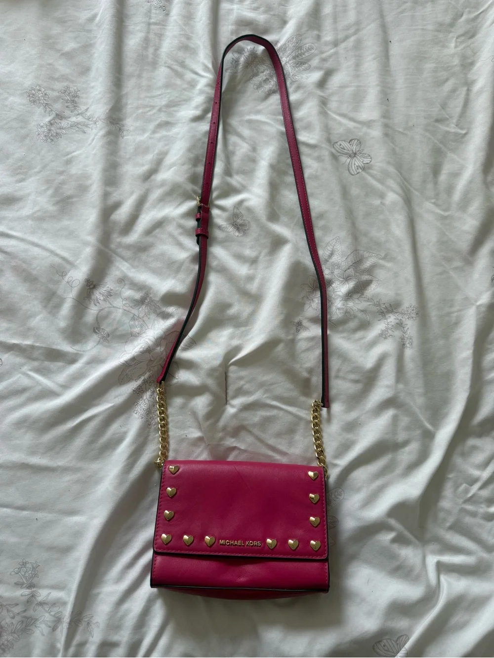 Michael Michael Kors | ruby leather pink clutch crossbody bag gold heart studs